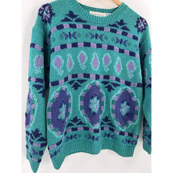 Robert Scott Ltd Women's Pullover Knit Sweater Blue Paisley MEDIUM Hand Knitted - Picture 6 of 15